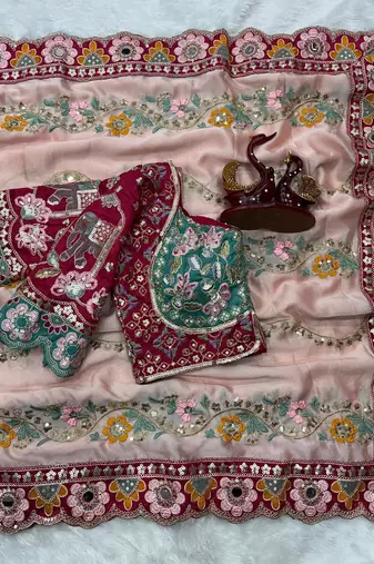 Designer soft rangoli silk embroidered work saree with stitched blouse