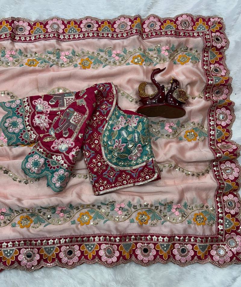 Designer soft rangoli silk embroidered work saree with stitched blouse