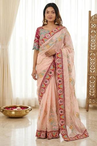 Designer soft rangoli silk embroidered work saree with stitched blouse