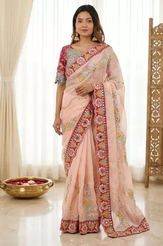 Designer soft rangoli silk embroidered work saree with stitched blouse