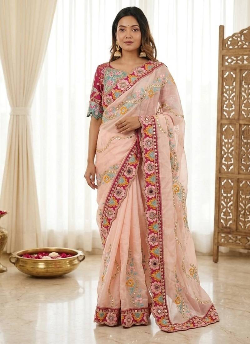 Designer soft rangoli silk embroidered work saree with stitched blouse