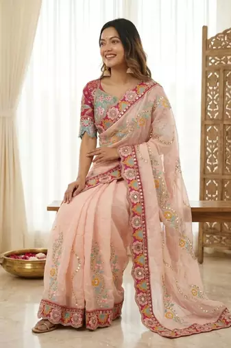 Designer soft rangoli silk embroidered work saree with stitched blouse