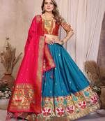 Silk Lehenga Choli with Paithani Border & Teal Blue Dupatta Traditional Festive & Wedding Wear Lehenga Set for Women