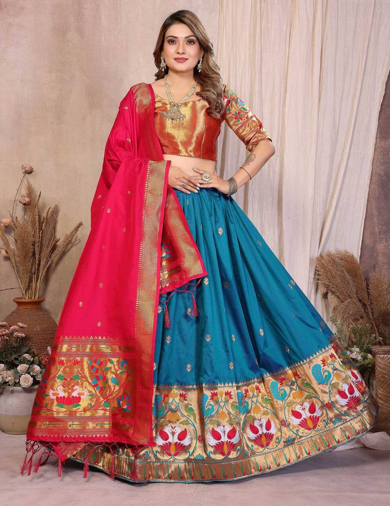 Silk Lehenga Choli with Paithani Border & Teal Blue Dupatta Traditional Festive & Wedding Wear Lehenga Set for Women
