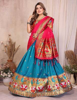 Silk Lehenga Choli with Paithani Border & Teal Blue Dupatta Traditional Festive & Wedding Wear Lehenga Set for Women 2