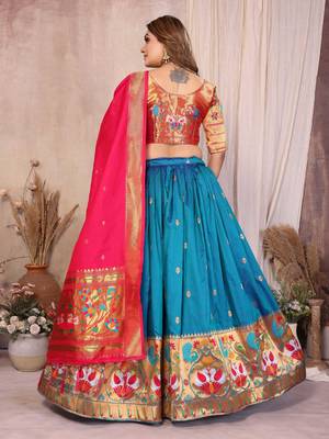 Silk Lehenga Choli with Paithani Border & Teal Blue Dupatta Traditional Festive & Wedding Wear Lehenga Set for Women 3