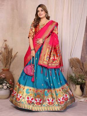 Silk Lehenga Choli with Paithani Border & Teal Blue Dupatta Traditional Festive & Wedding Wear Lehenga Set for Women 4