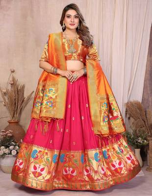 Silk Lehenga Choli with Paithani Border & Teal Blue Dupatta Traditional Festive & Wedding Wear Lehenga Set for Women 1