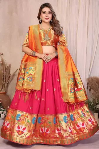 Silk Lehenga Choli with Paithani Border & Teal Blue Dupatta Traditional Festive & Wedding Wear Lehenga Set for Women