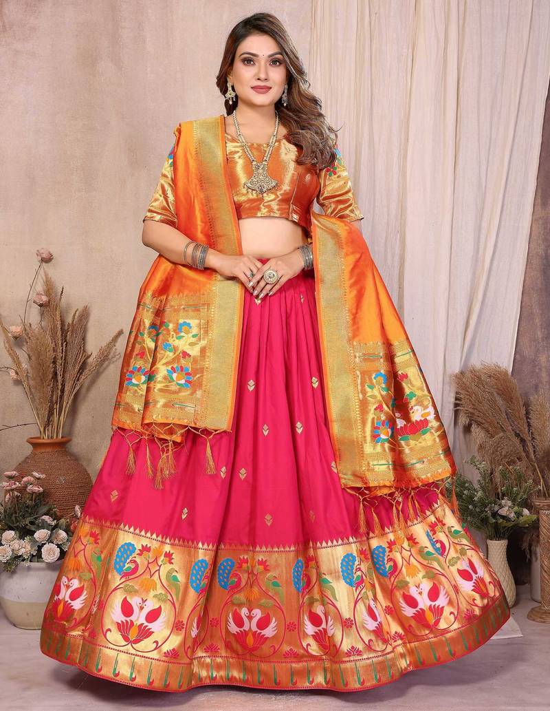 Silk Lehenga Choli with Paithani Border & Teal Blue Dupatta Traditional Festive & Wedding Wear Lehenga Set for Women