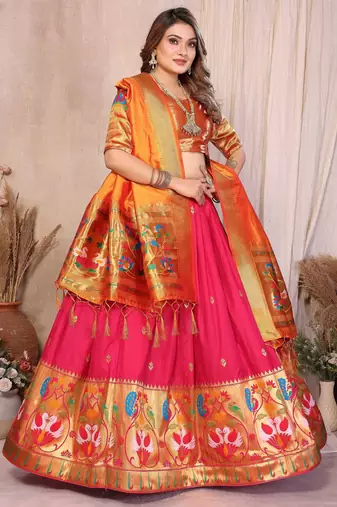 Silk Lehenga Choli with Paithani Border & Teal Blue Dupatta Traditional Festive & Wedding Wear Lehenga Set for Women