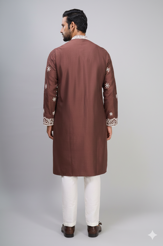 brown embroidered silk kurta pant set for men
