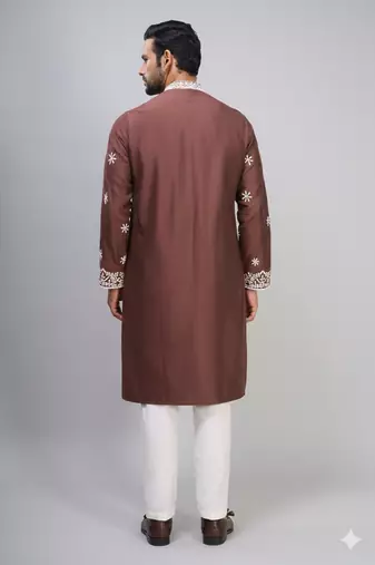 brown embroidered silk kurta pant set for men