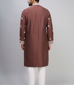 brown embroidered silk kurta pant set for men