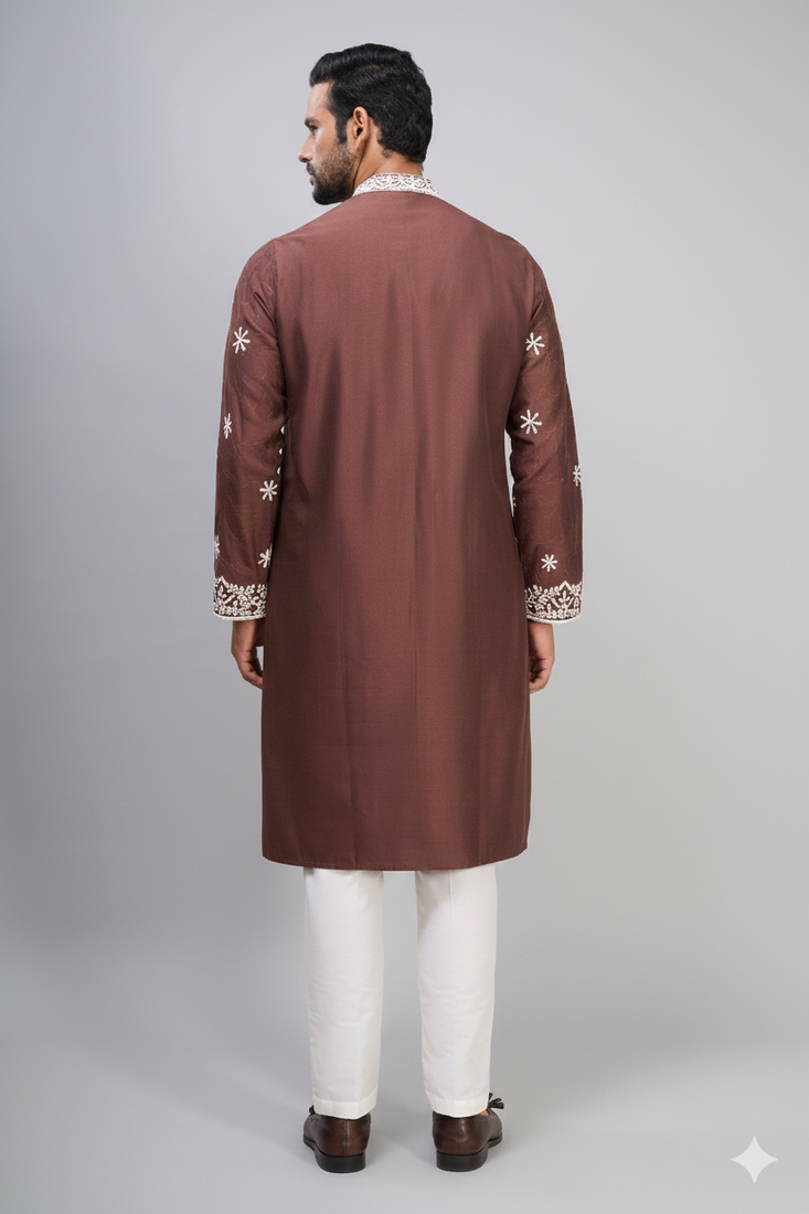 brown embroidered silk kurta pant set for men