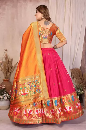 Silk Lehenga Choli with Paithani Border & Teal Blue Dupatta Traditional Festive & Wedding Wear Lehenga Set for Women
