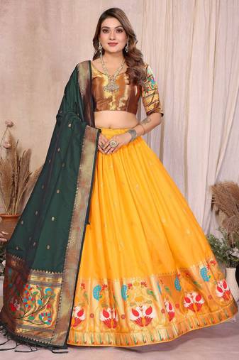 Silk Lehenga Choli with Paithani Border & Teal Blue Dupatta Traditional Festive & Wedding Wear Lehenga Set for Women