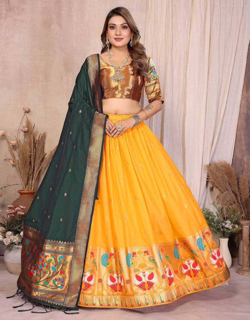 Silk Lehenga Choli with Paithani Border & Teal Blue Dupatta Traditional Festive & Wedding Wear Lehenga Set for Women