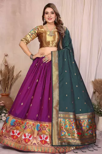 Silk Lehenga Choli with Paithani Border & Teal Blue Dupatta Traditional Festive & Wedding Wear Lehenga Set for Women