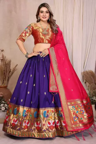 Silk Lehenga Choli with Paithani Border & Teal Blue Dupatta Traditional Festive & Wedding Wear Lehenga Set for Women