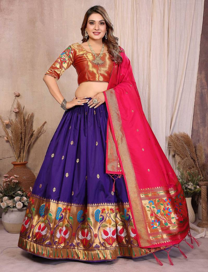 Silk Lehenga Choli with Paithani Border & Teal Blue Dupatta Traditional Festive & Wedding Wear Lehenga Set for Women