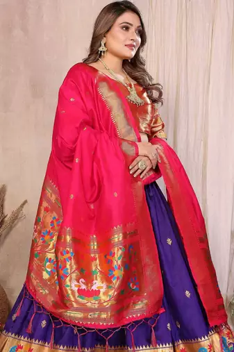 Silk Lehenga Choli with Paithani Border & Teal Blue Dupatta Traditional Festive & Wedding Wear Lehenga Set for Women