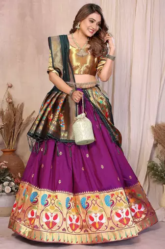 Silk Lehenga Choli with Paithani Border & Teal Blue Dupatta Traditional Festive & Wedding Wear Lehenga Set for Women