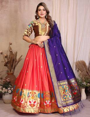 Silk Lehenga Choli with Paithani Border & Teal Blue Dupatta Traditional Festive & Wedding Wear Lehenga Set for Women 1
