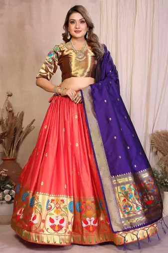 Silk Lehenga Choli with Paithani Border & Teal Blue Dupatta Traditional Festive & Wedding Wear Lehenga Set for Women