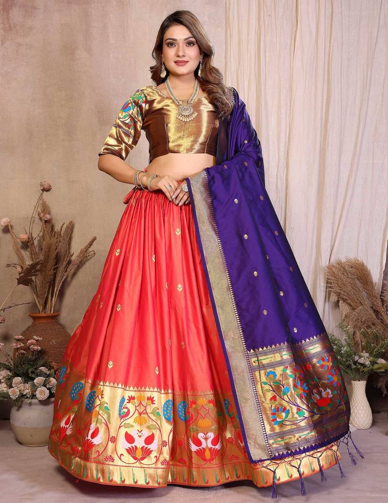 Silk Lehenga Choli with Paithani Border & Teal Blue Dupatta Traditional Festive & Wedding Wear Lehenga Set for Women