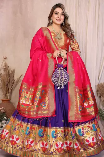Silk Lehenga Choli with Paithani Border & Teal Blue Dupatta Traditional Festive & Wedding Wear Lehenga Set for Women
