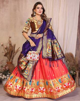 Silk Lehenga Choli with Paithani Border & Teal Blue Dupatta Traditional Festive & Wedding Wear Lehenga Set for Women 2