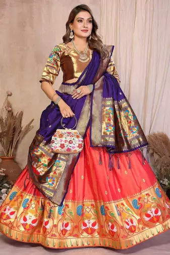 Silk Lehenga Choli with Paithani Border & Teal Blue Dupatta Traditional Festive & Wedding Wear Lehenga Set for Women