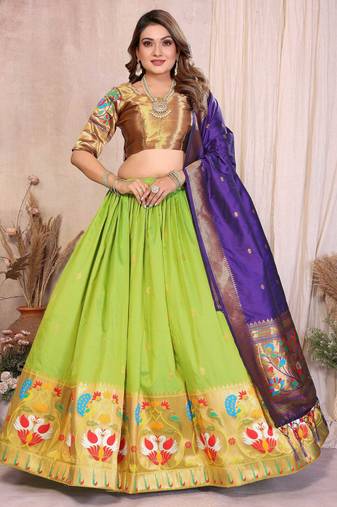 Silk Lehenga Choli with Paithani Border & Teal Blue Dupatta Traditional Festive & Wedding Wear Lehenga Set for Women