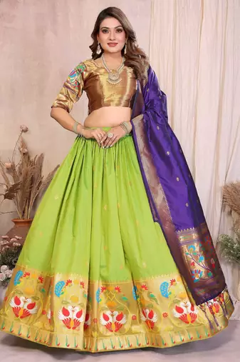 Silk Lehenga Choli with Paithani Border & Teal Blue Dupatta Traditional Festive & Wedding Wear Lehenga Set for Women