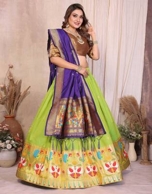 Silk Lehenga Choli with Paithani Border & Teal Blue Dupatta Traditional Festive & Wedding Wear Lehenga Set for Women 2