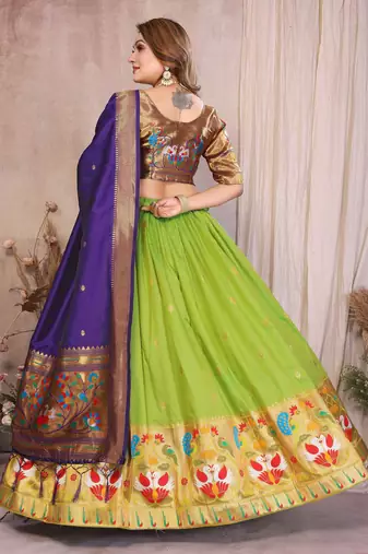 Silk Lehenga Choli with Paithani Border & Teal Blue Dupatta Traditional Festive & Wedding Wear Lehenga Set for Women