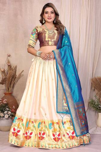 Silk Lehenga Choli with Paithani Border & Teal Blue Dupatta Traditional Festive & Wedding Wear Lehenga Set for Women