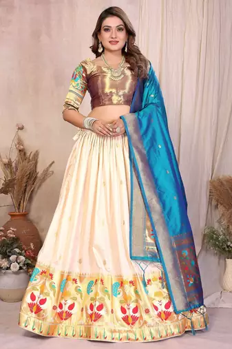 Silk Lehenga Choli with Paithani Border & Teal Blue Dupatta Traditional Festive & Wedding Wear Lehenga Set for Women