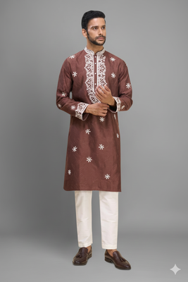 brown embroidered silk kurta pant set for men 2