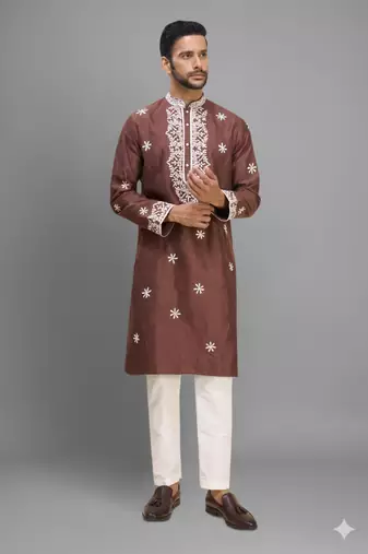 brown embroidered silk kurta pant set for men