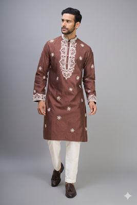 brown embroidered silk kurta pant set for men 3