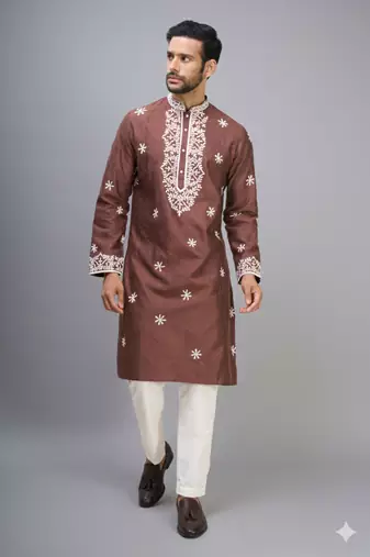 brown embroidered silk kurta pant set for men