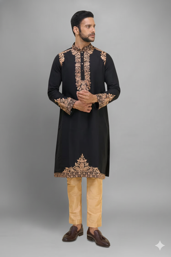 black ethnic embroidered silk kurta pant set for men
