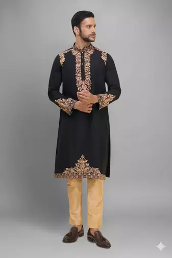black ethnic embroidered silk kurta pant set for men