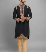 black ethnic embroidered silk kurta pant set for men
