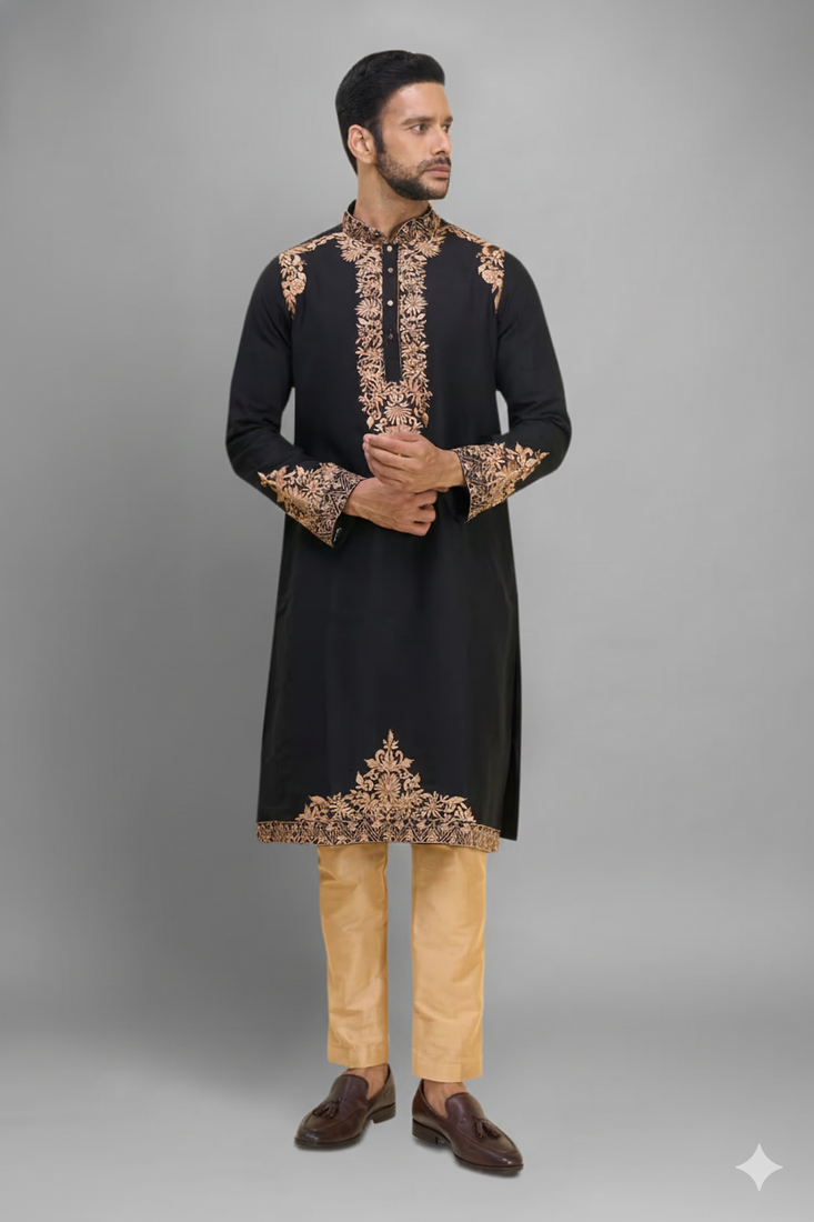 black ethnic embroidered silk kurta pant set for men