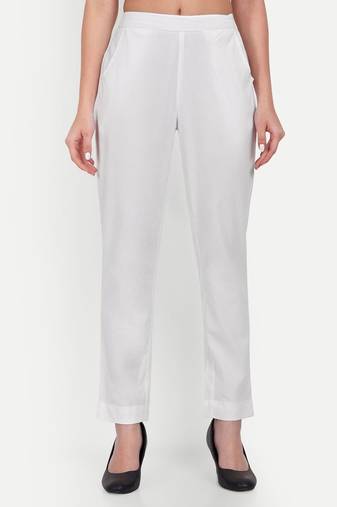 white high waist cotton trousers for women with side pocket
