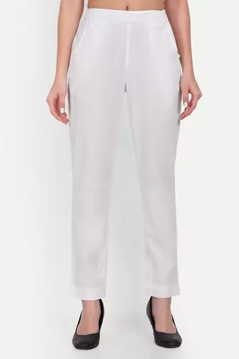 white high waist cotton trousers for women with side pocket