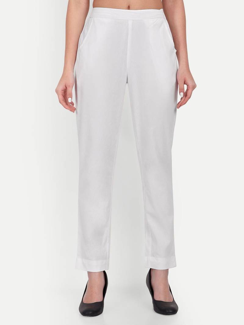 white high waist cotton trousers for women with side pocket